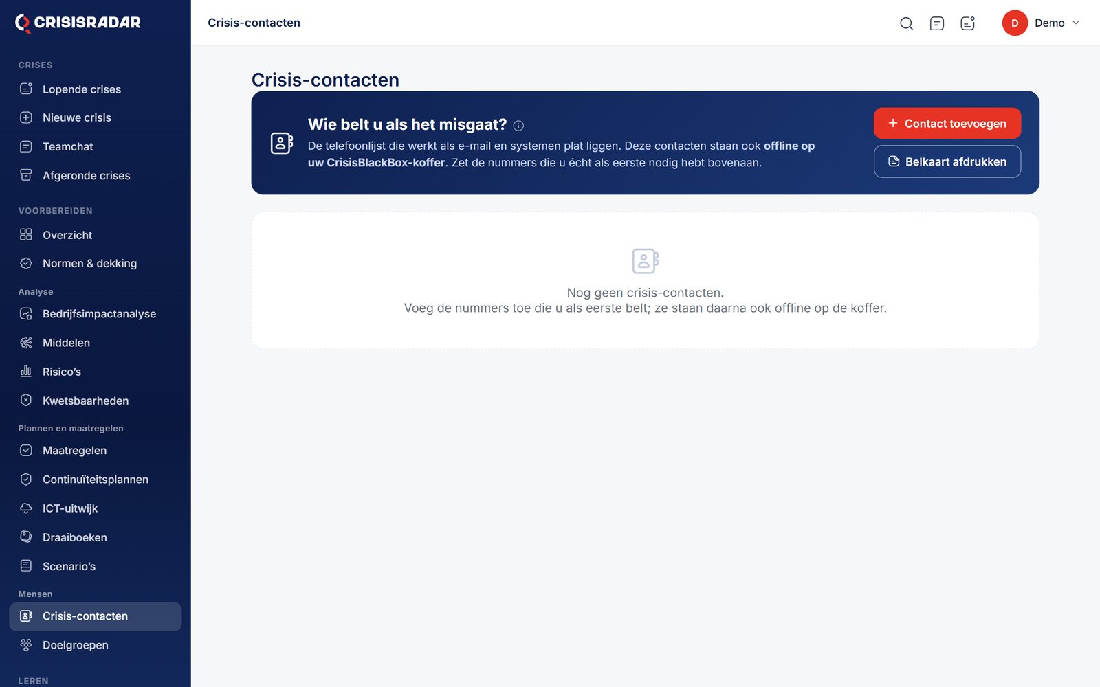 Crisis-contacten en de belkaart om af te drukken