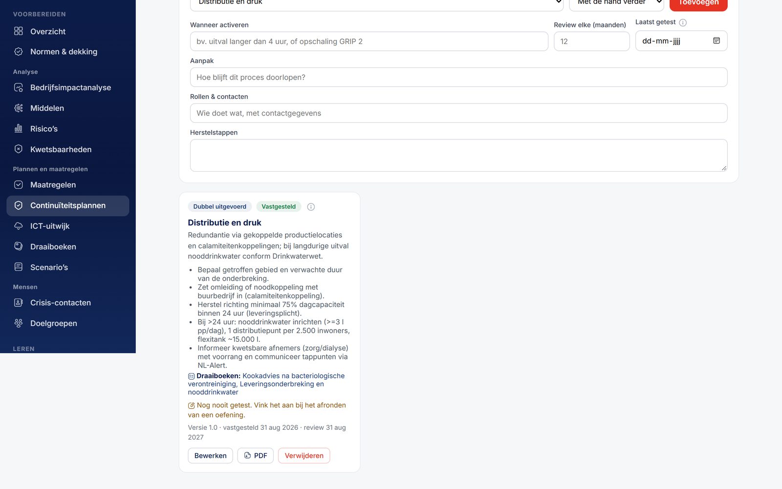 Een continuïteitsplan voor het proces distributie en druk