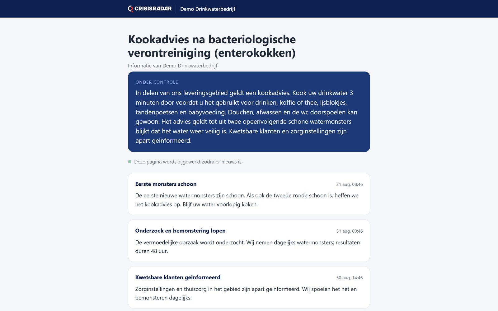 De openbare statuspagina met de kernboodschap en de laatste berichten