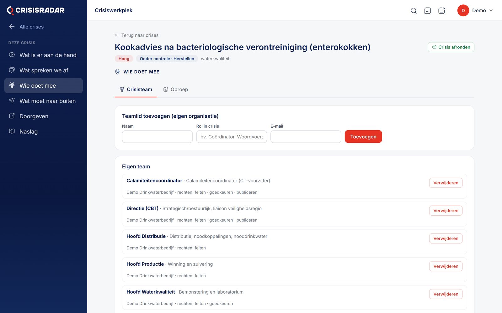 Het crisisteam met rollen en rechten