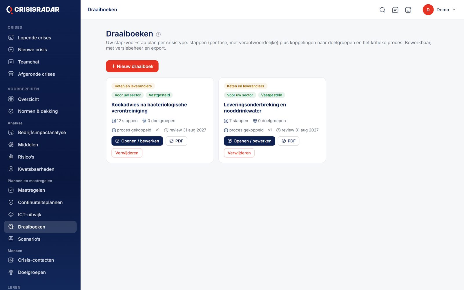 Overzicht van draaiboeken met status vastgesteld en de knoppen openen en PDF