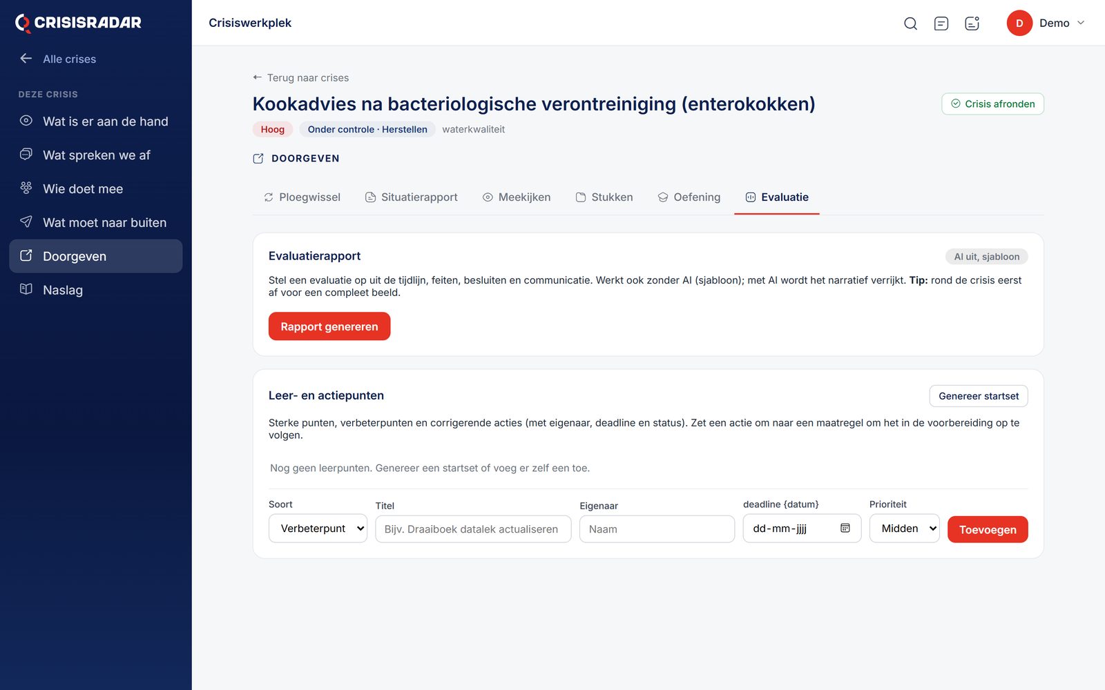 Evaluatierapport en leer- en actiepunten bij een crisis