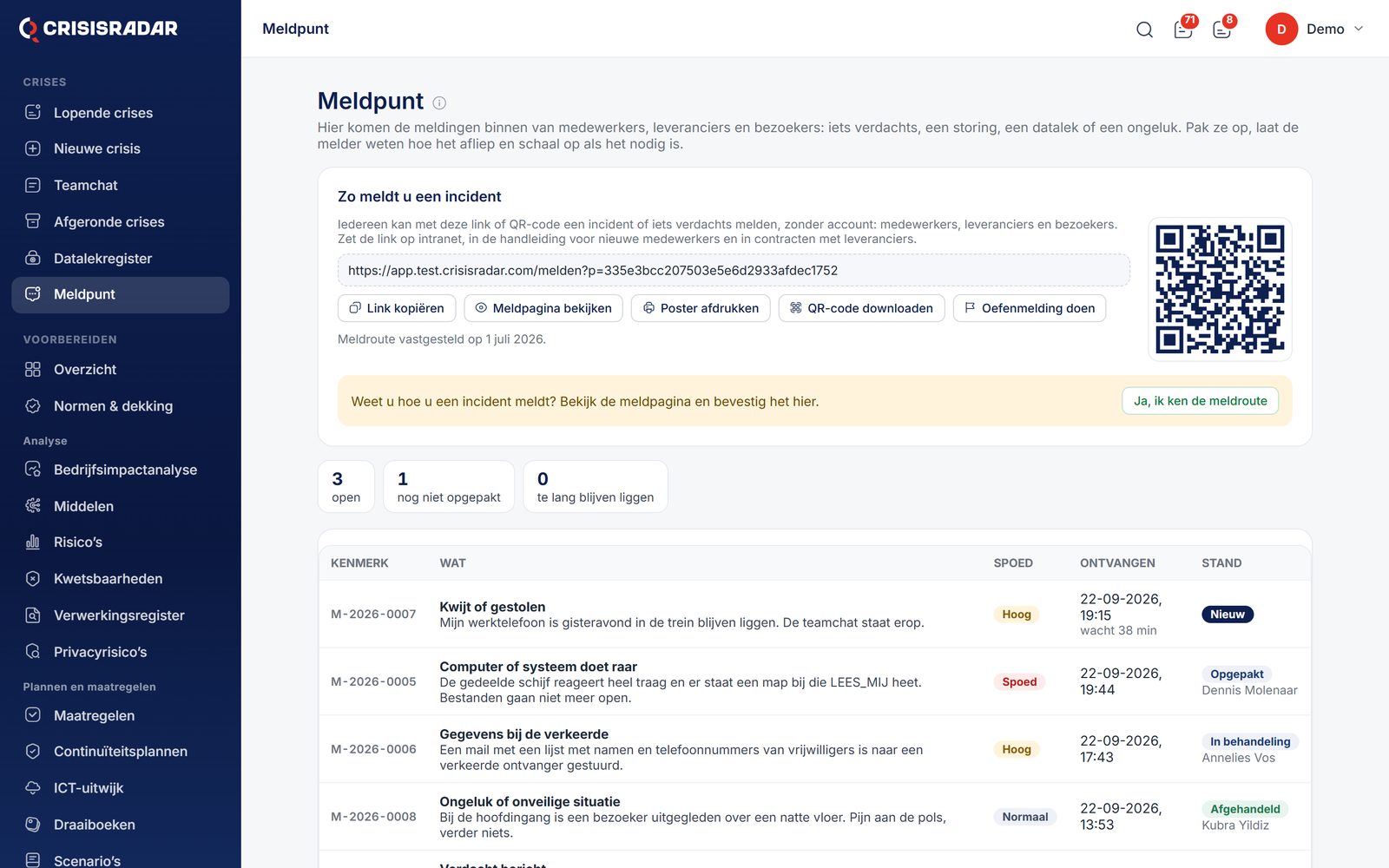 Het meldpunt met de meldlink, de QR-code en de binnengekomen meldingen met spoed en wachttijd