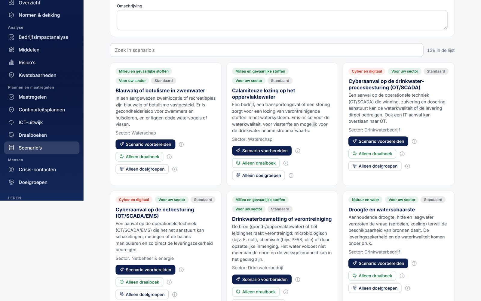 Scenariobibliotheek met kant-en-klare scenario's en de knop om er een draaiboek van te maken