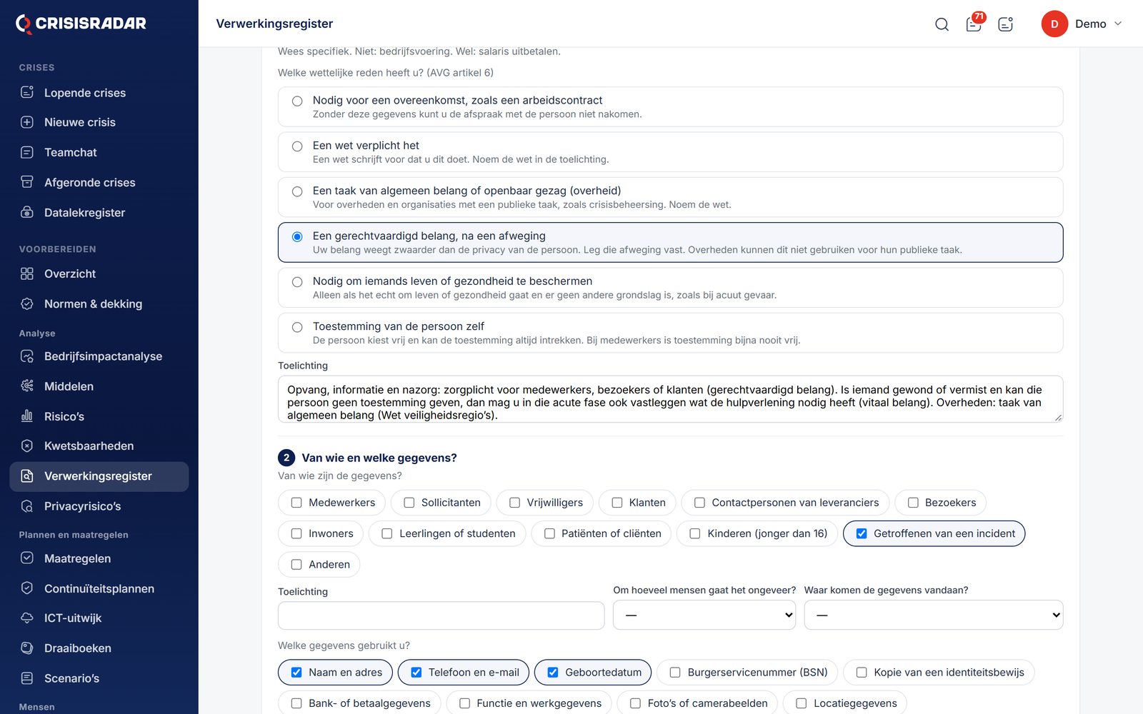 Een verwerking invullen: de grondslag kiezen, met uitleg bij elke keuze